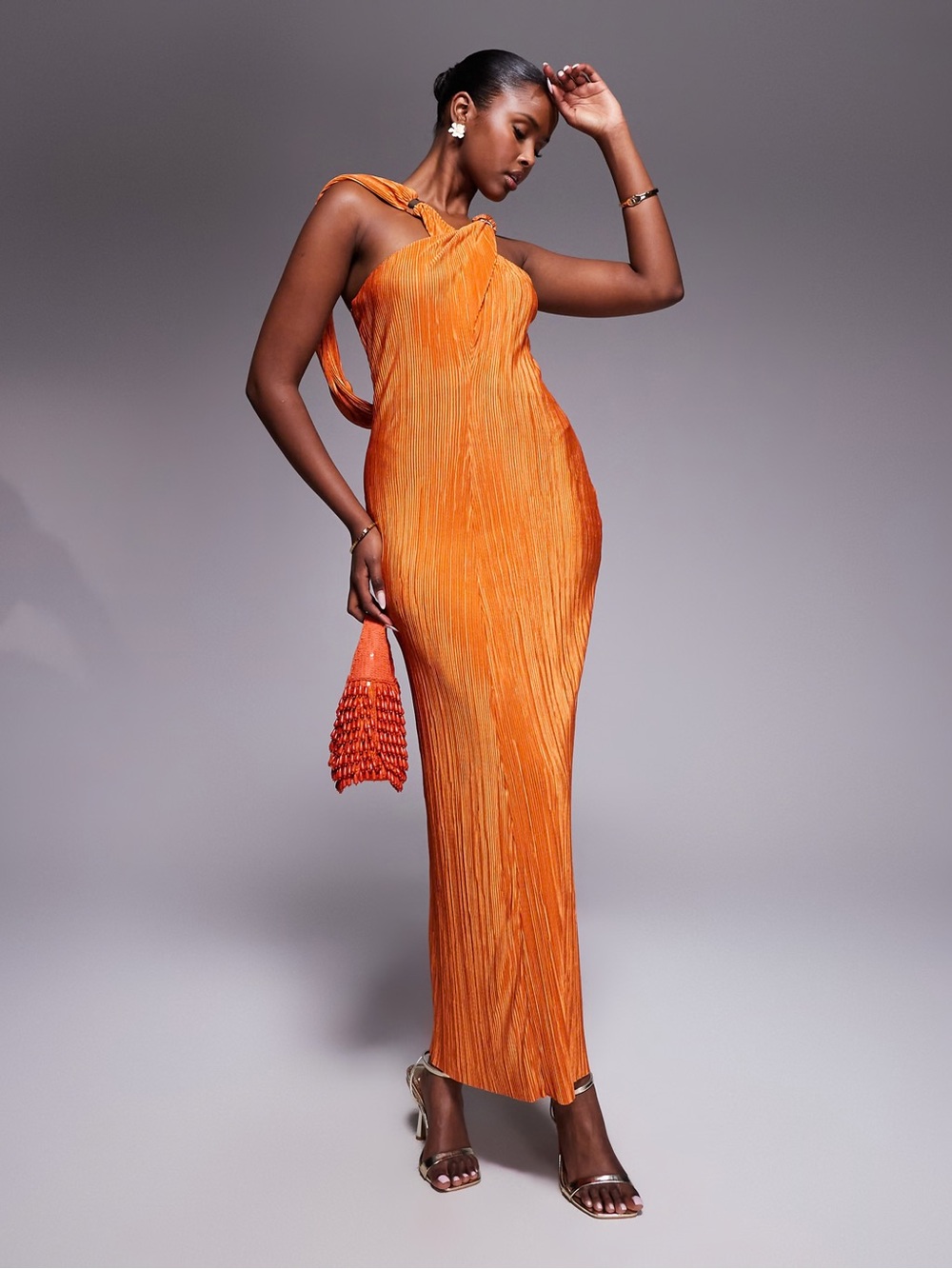 ASOS Orange Twisted-Halter Pleated Maxi Dress